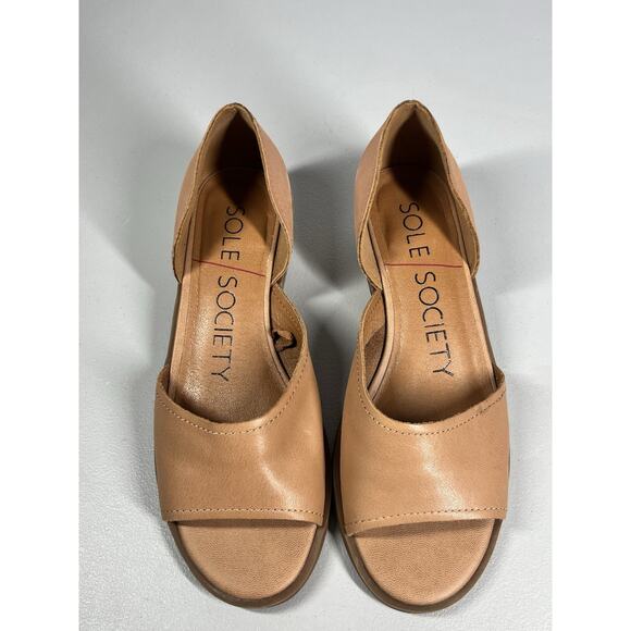 Sole Society Sefia Leather Shoes Womens 7.5 Beige Stack Heel Slip On Open Toe - Picture 3 of 11